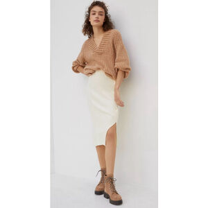 Maeve Anthropologie Ribbed Knit Midi Skirt Medium Cream Stretch Slit Minimalist